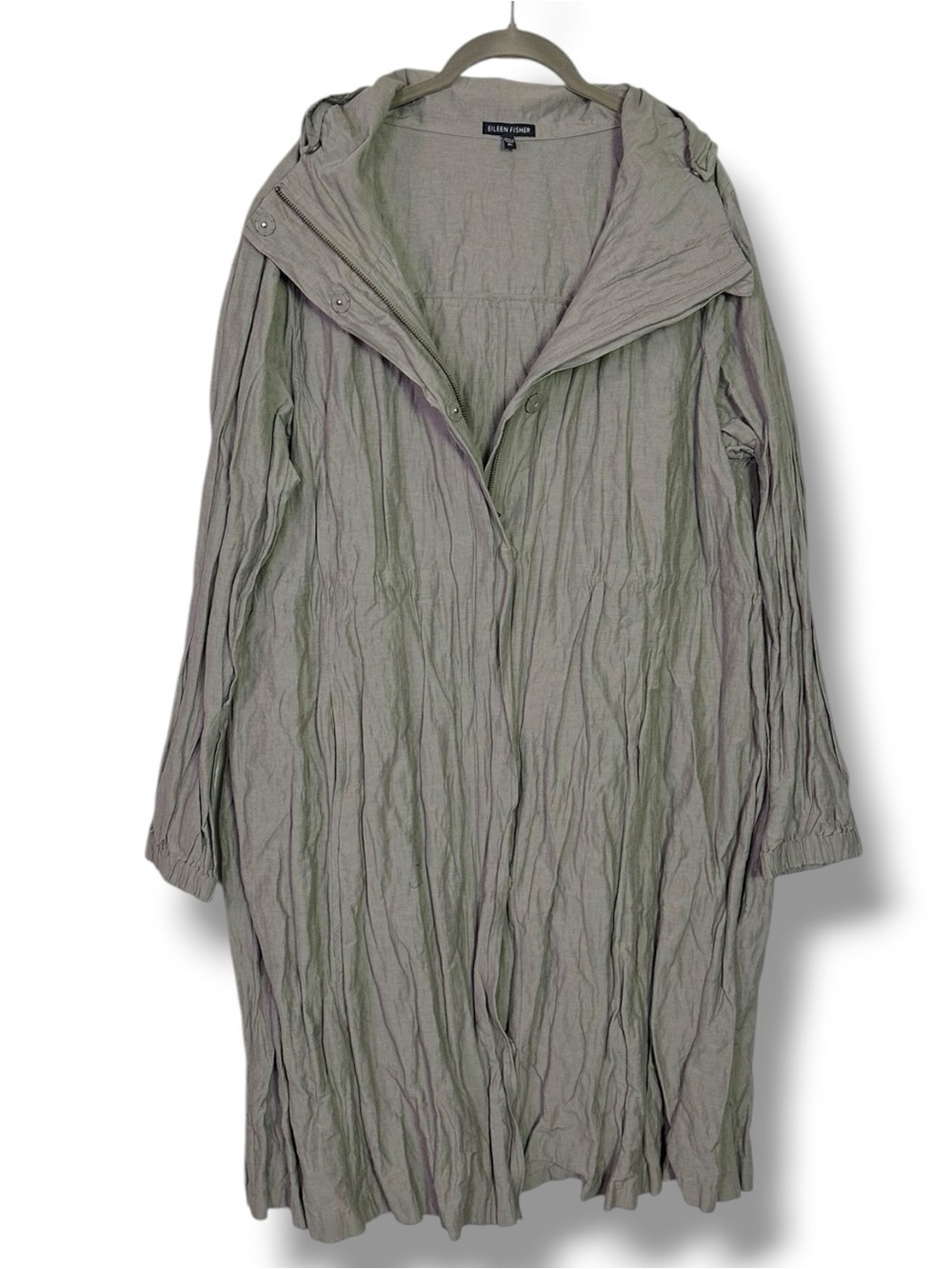Eileen Fisher LagenLook Rumpled Cotton Steel Hooded Long Jacket Size XL